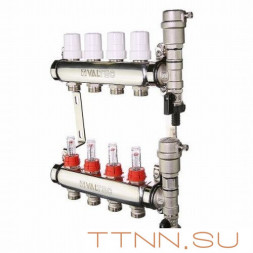 Коллекторная группа VALTEC VTc.589.EMNX.0609 1&quot; х 3/4&quot; на 9 выходов из нерж.стали c термостатическими клапанами и расходомерами