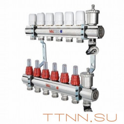 Коллекторная группа VALTEC VTc.596.EMNX.0607 1&quot; х 3/4&quot; на 7 выходов латунная c термостатическими клапанами и расходомерами