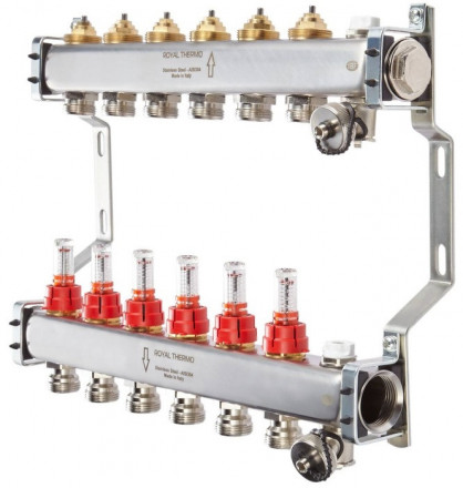 Для отопления Royal Thermo 1&quot; ВР-3/4&quot; НР, 2 выхода с расходомерами, нерж. (RTE 52.102)