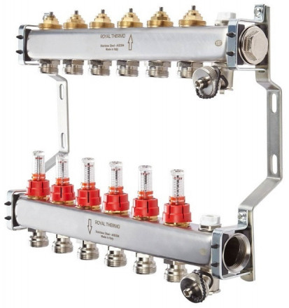 Для отопления Royal Thermo 1&quot; ВР-3/4&quot; НР, 6 выходов с расходомерами, нерж. (RTE 52.106)